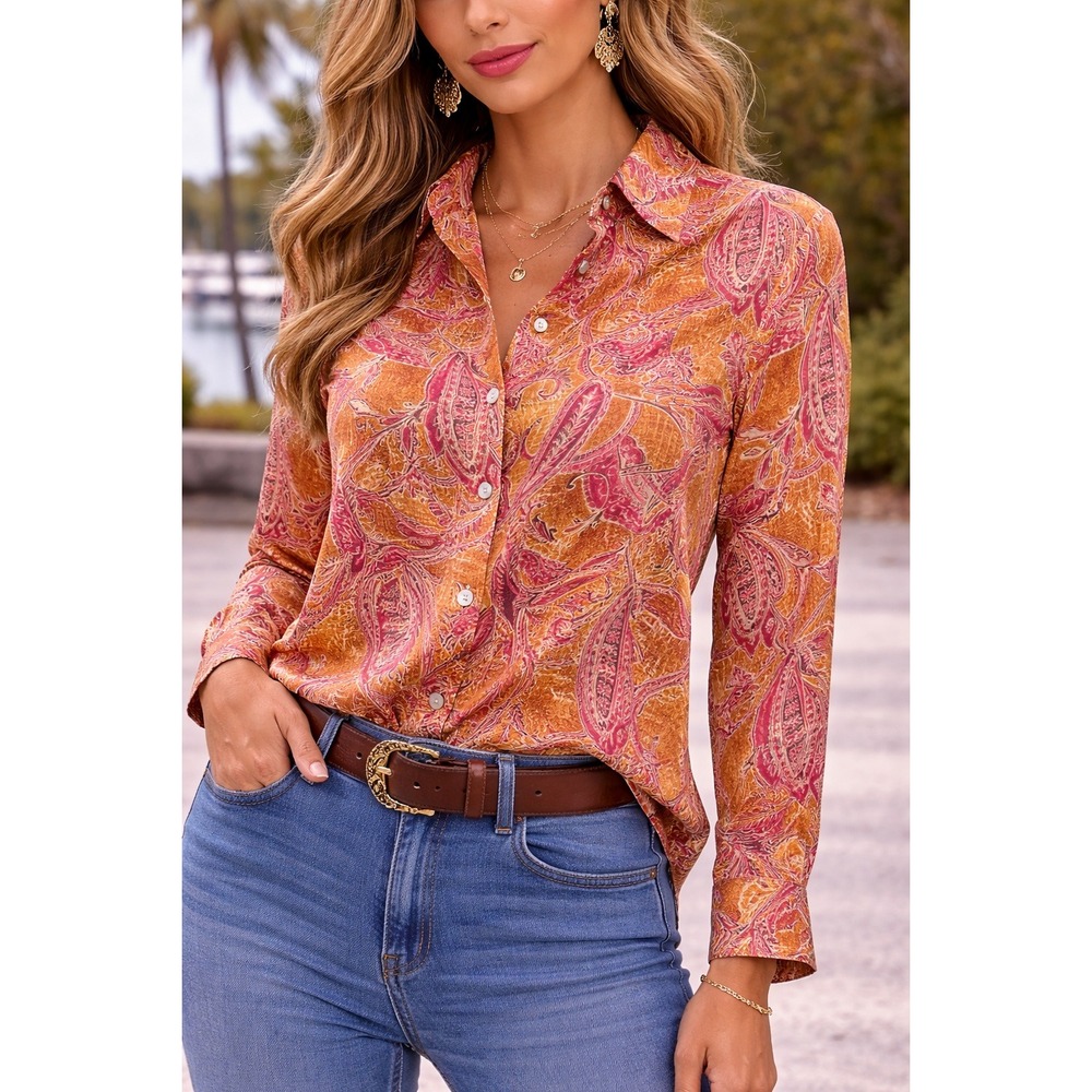 Valerie by Valerie Stevens 100% Silk Paisley Button Down Shirt‎ Orange Pink Med